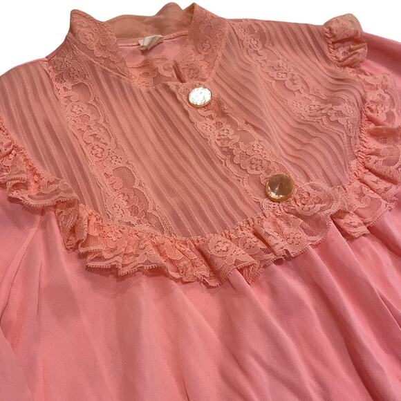 Vintage 60s Peignoir Set | Pink Nylon Nightgown + Robe, Lace Ruffles Cottage M/L - Picture 6 of 16